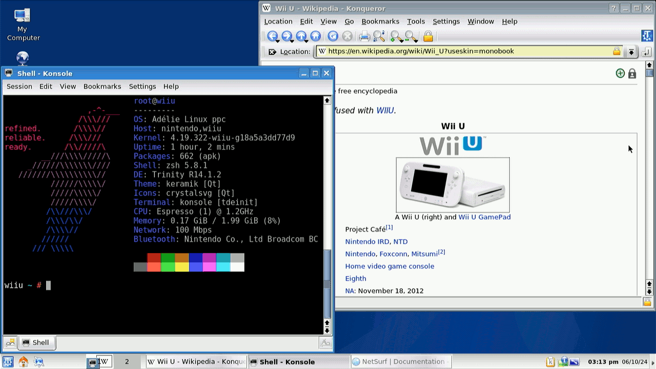 A screenshot of a classic blue desktop, with an Adélie neofetch and Konqueror browser on the Wikipedia article for the Wii U.