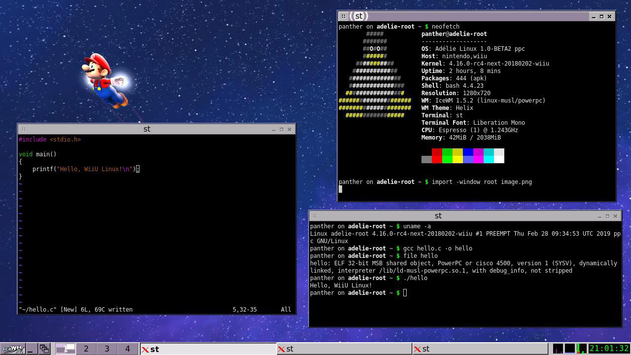 A starry desktop with terminals compiling code for PowerPC.